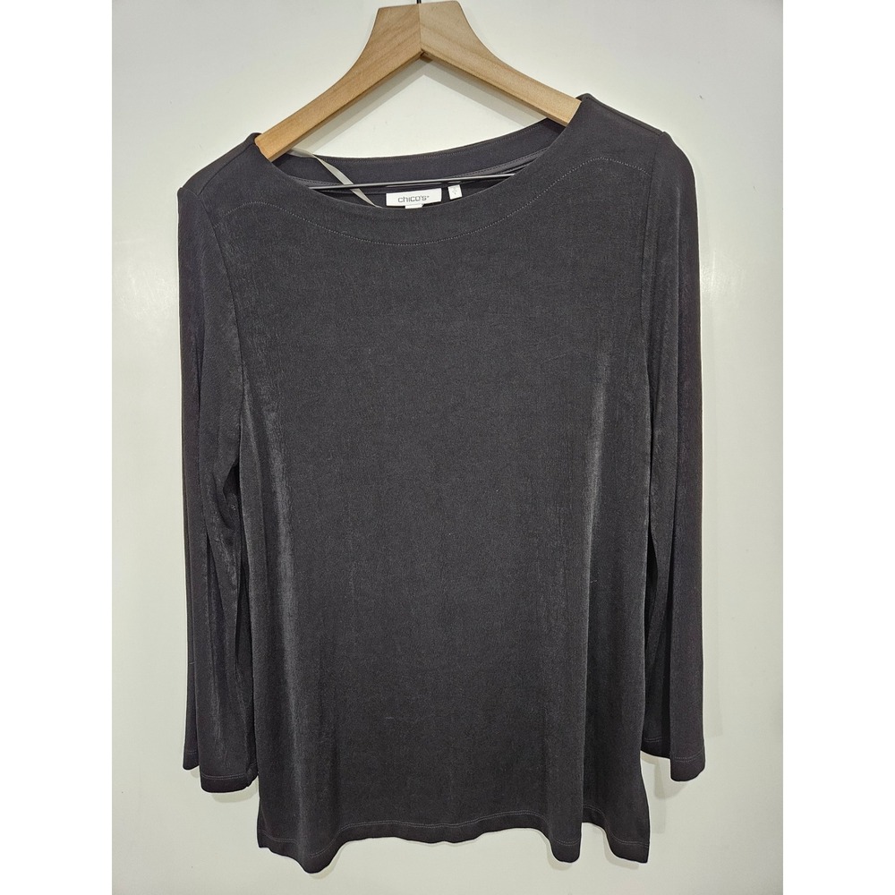 Chico's Size 2 Black Tunic Top Gold Grommet Lace Up Sleeve Stretch MiniMinimal